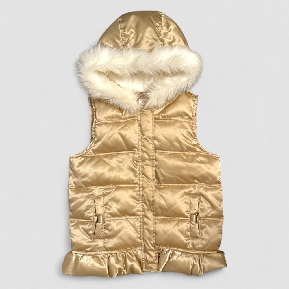 Gymboree Girls Gold Puffer Vest with Faux Fur Hood – Size 7-8